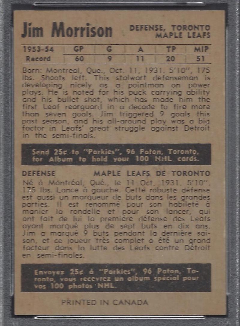 1954-1955 Parkhurst #18 Jim Morrison Toronto Maple Leafs - Back