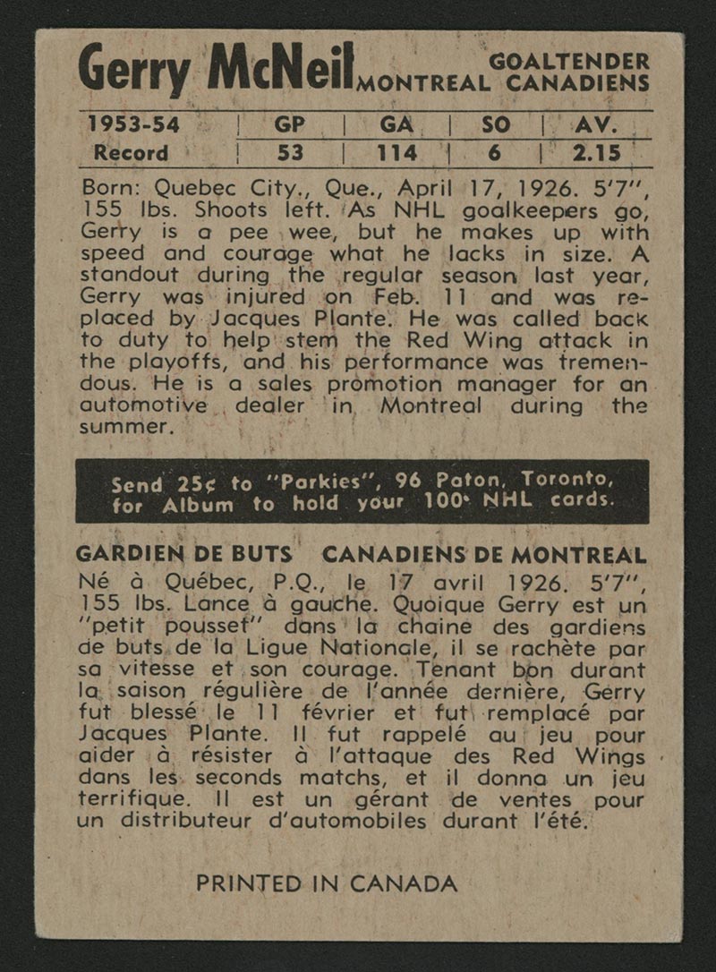 1954-1955 Parkhurst #1 Gerry McNeil Montreal Canadiens - Back