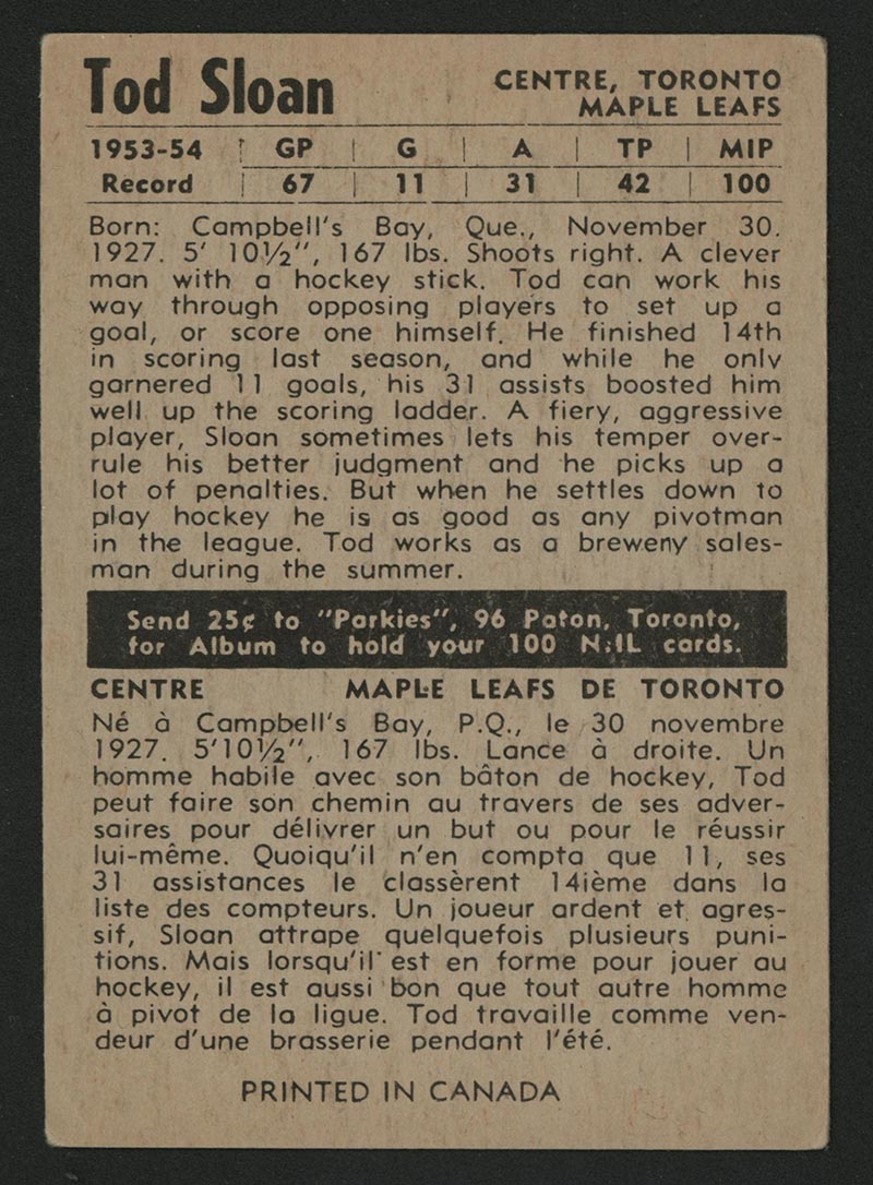 1954-1955 Parkhurst #30 Tod Sloan Toronto Maple Leafs - Back