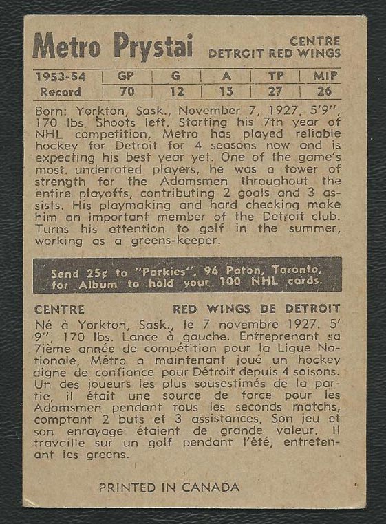 1954-1955 Parkhurst #35 Metro Prystai Detroit Redwings - Back