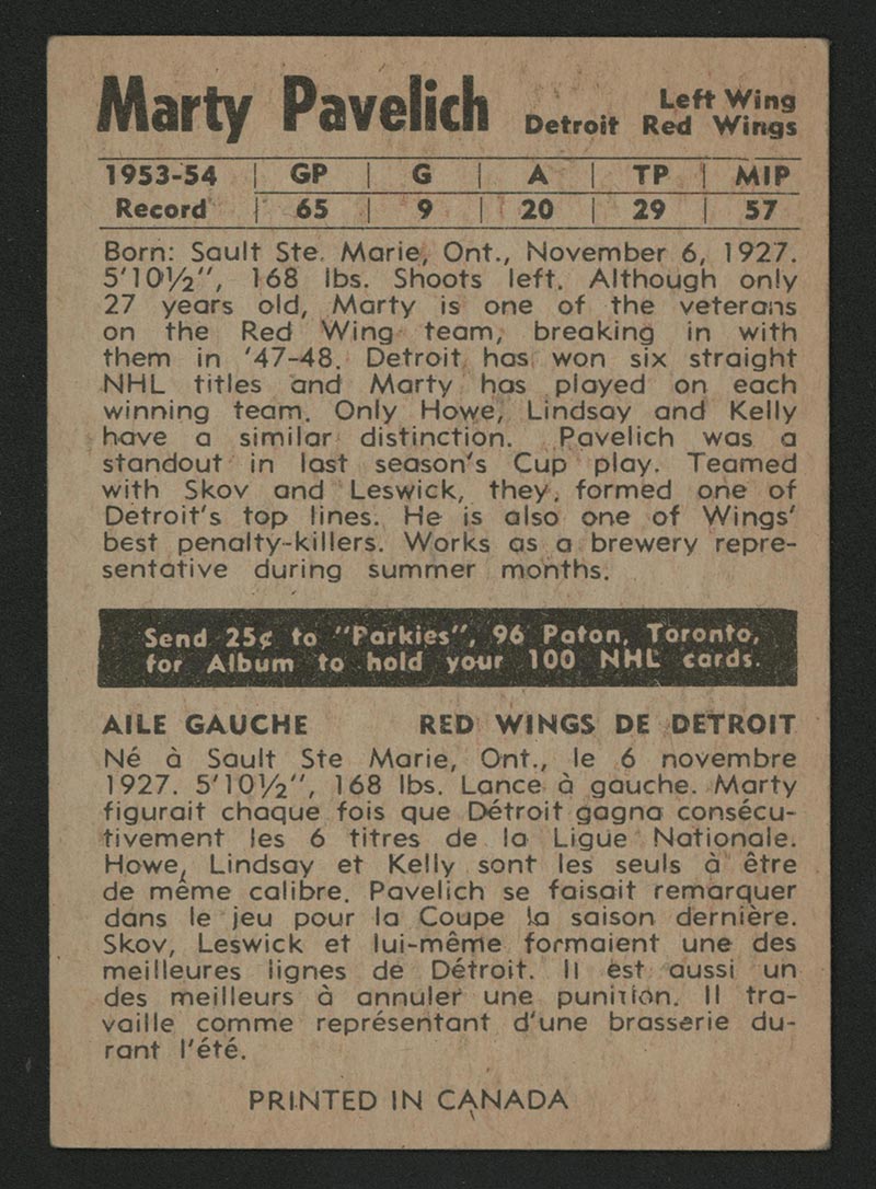 1954-1955 Parkhurst #43 Marty Pavelich Detroit Redwings - Back