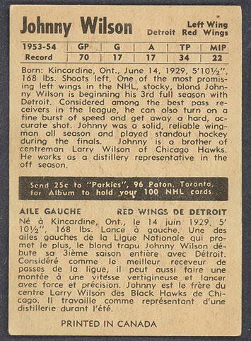 1954-1955 Parkhurst #44 Johnny Wilson Detroit Redwings - Back