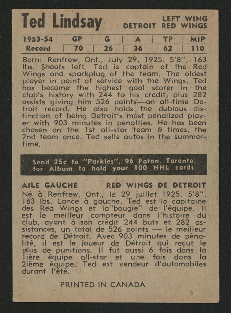 1954-1955 Parkhurst #46 Ted Lindsay Detroit Redwings - Back