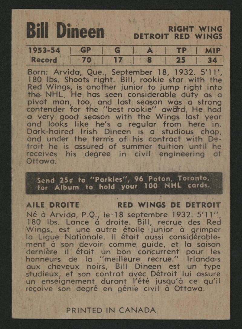 1954-1955 Parkhurst #48 Bill Dineen Detroit Redwings - Back