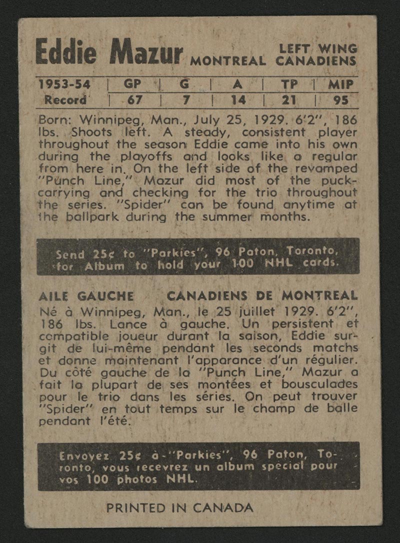 1954-1955 Parkhurst #4 Eddie Mazur Montreal Canadiens - Back