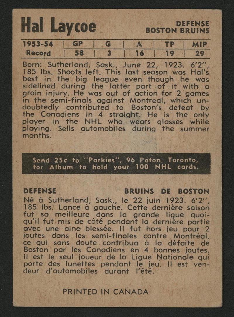 1954-1955 Parkhurst #52 Hal Laycoe Boston Bruins - Back