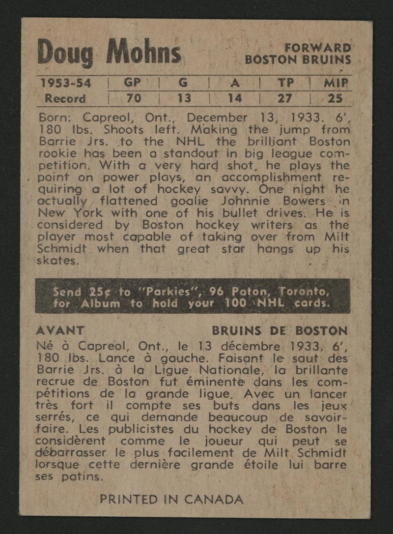 1954-1955 Parkhurst #57 Doug Mohns Boston Bruins - Back