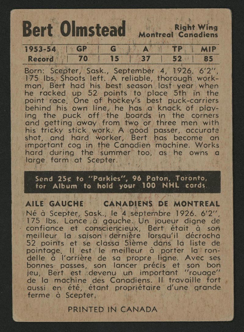 1954-1955 Parkhurst #5 Bert Olmstead Montreal Canadiens - Back