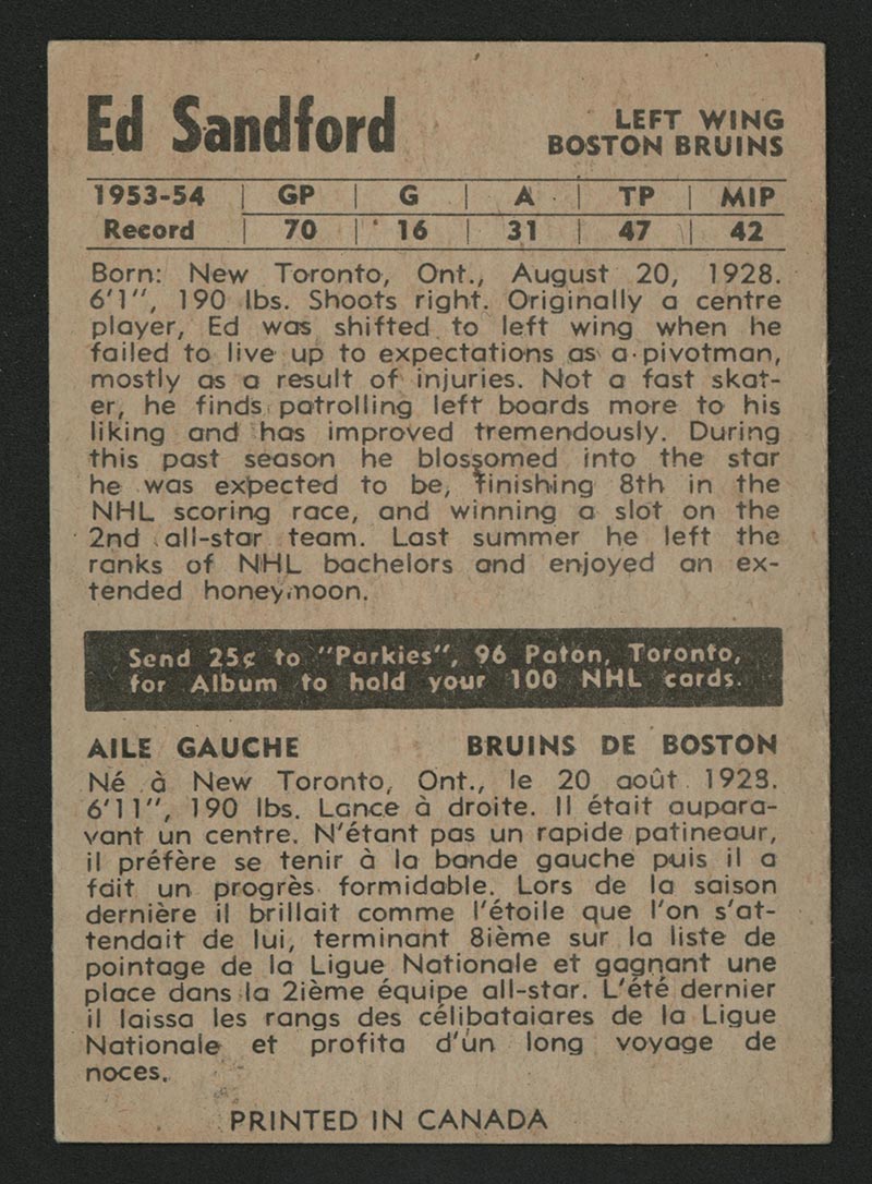 1954-1955 Parkhurst #64 Ed Sandford Boston Bruins - Back