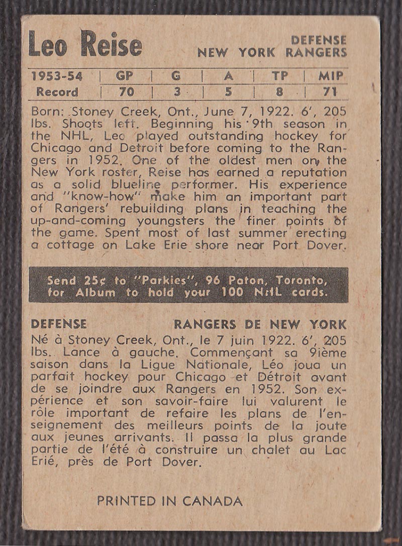 1954-1955 Parkhurst #67 Leo Reise New York Rangers - Back