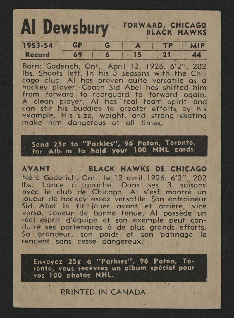 1954-1955 Parkhurst #78 Al Dewsbury Chicago Black Hawks - Back