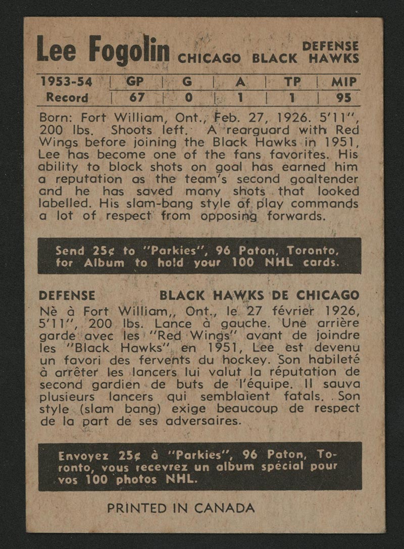 1954-1955 Parkhurst #84 Lee Fogolin Chicago Black Hawks - Back