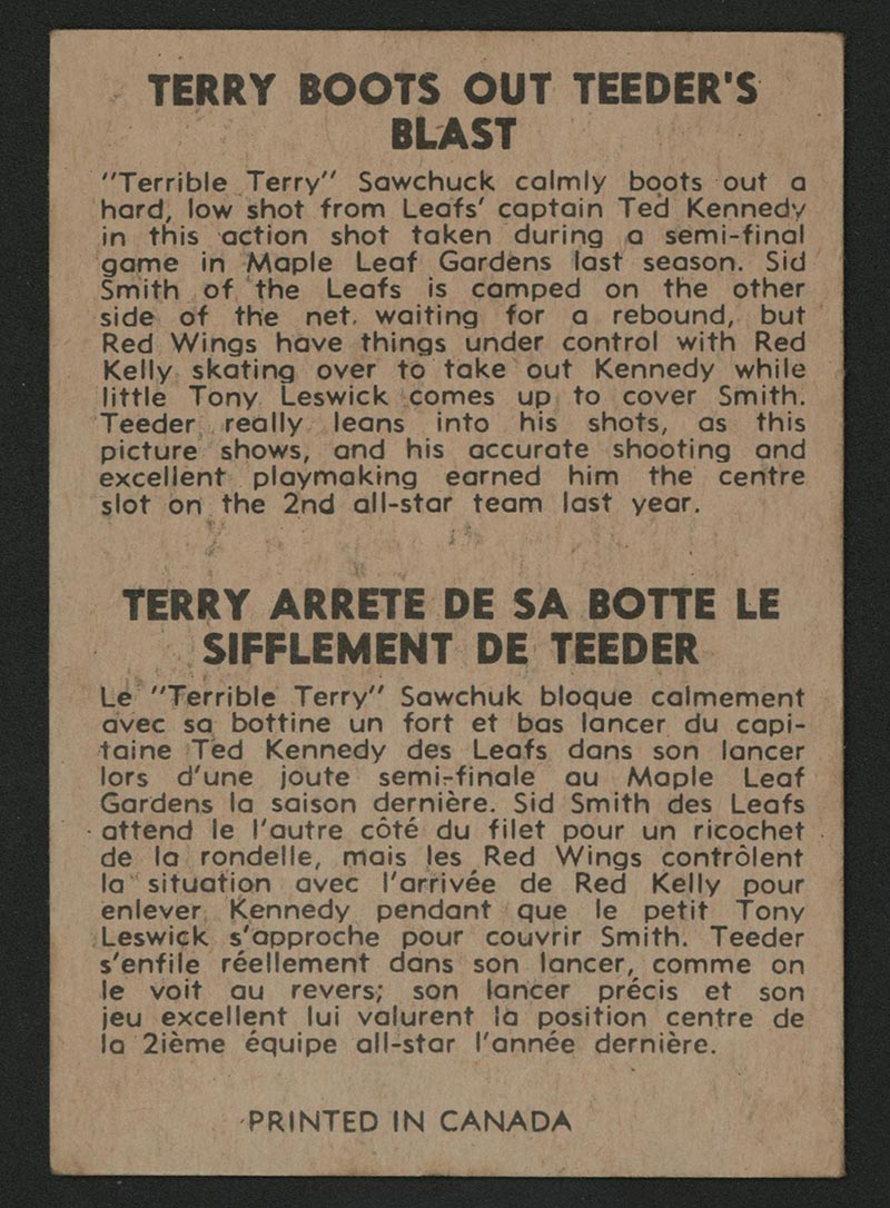 1954-1955 Parkhurst #96 Terry boots out Teeder’s blast - Back