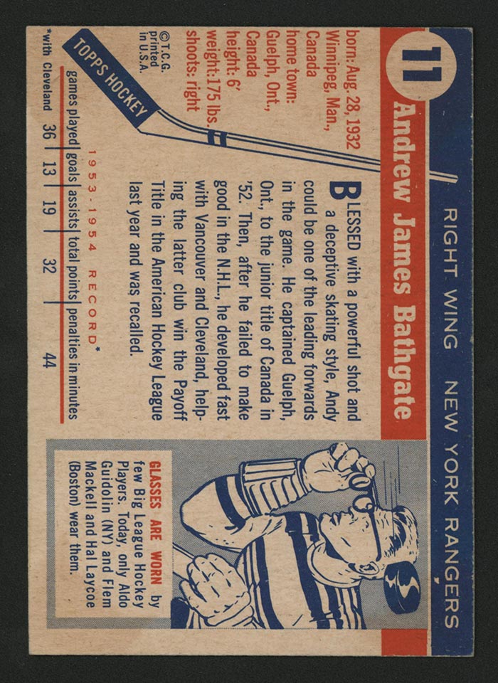 1954-1955 Topps #11 Andy Bathgate New York Rangers - Back