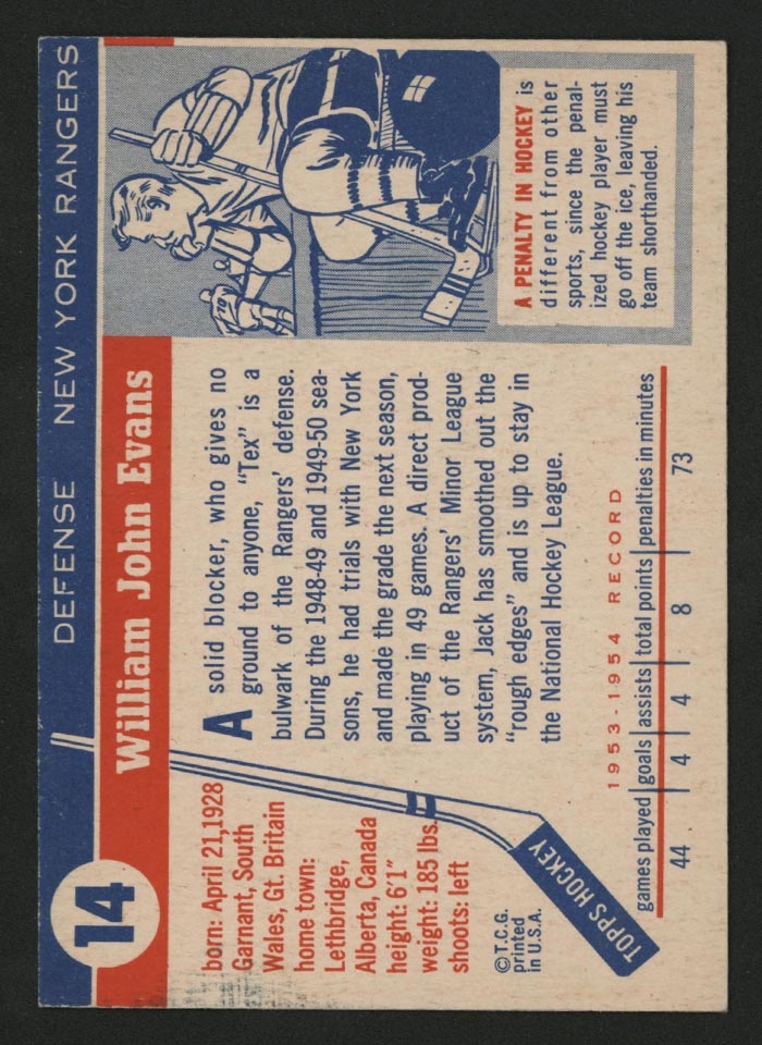 1954-1955 Topps #14 Jack Evans New York Rangers - Back