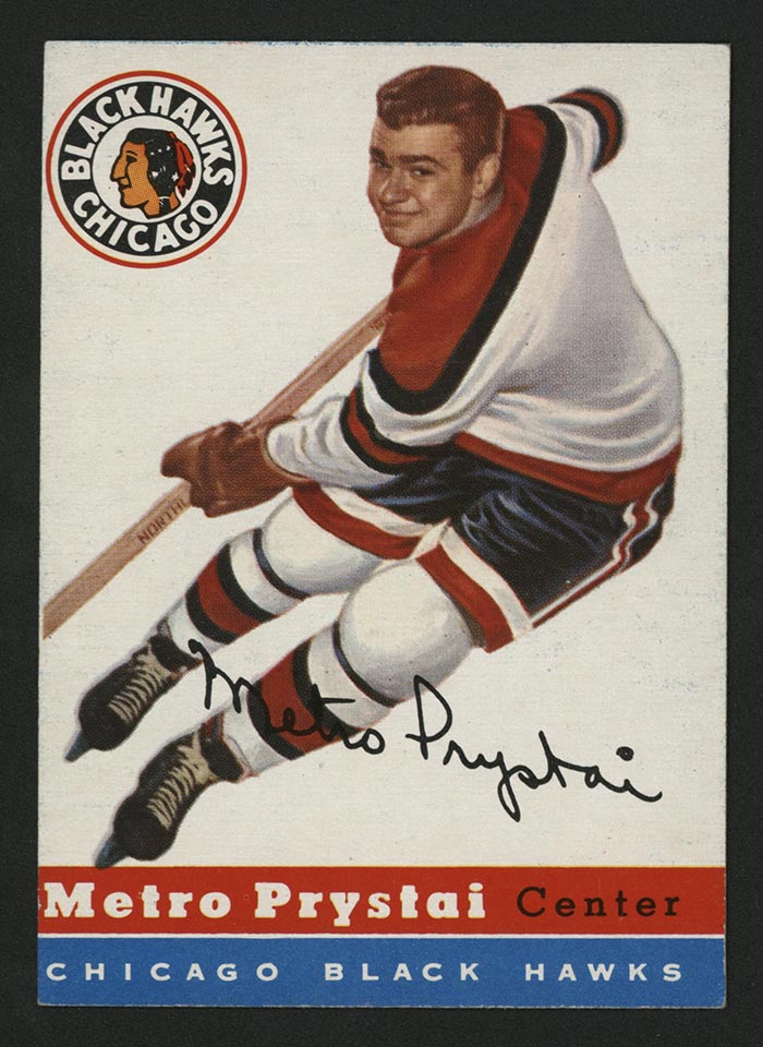 1954-1955 Topps #24 Metro Prystai Chicago Black Hawks - Front