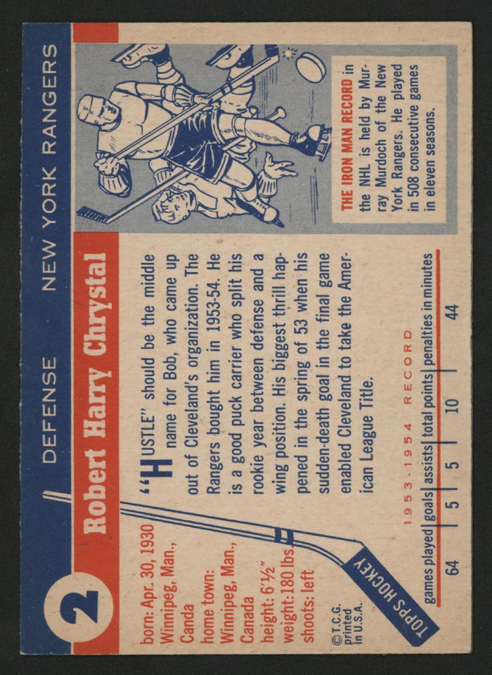 1954-1955 Topps #2 Bob Chrystal New York Rangers - Back