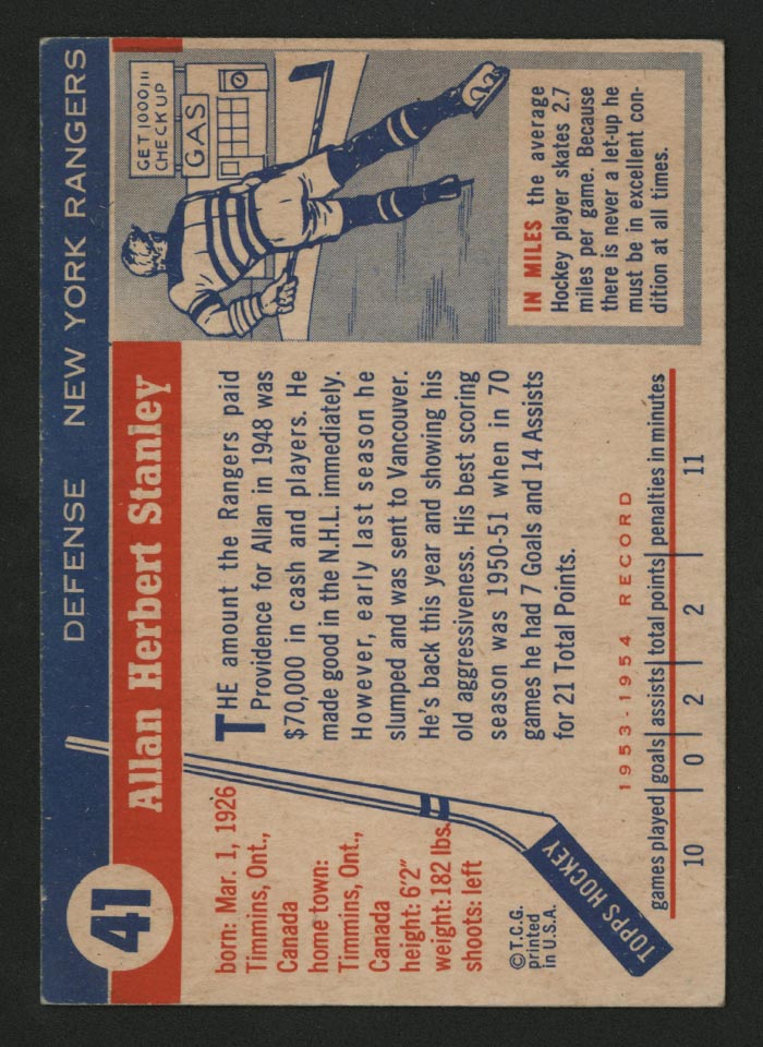 1954-1955 Topps #41 Allan Stanley New York Rangers - Back