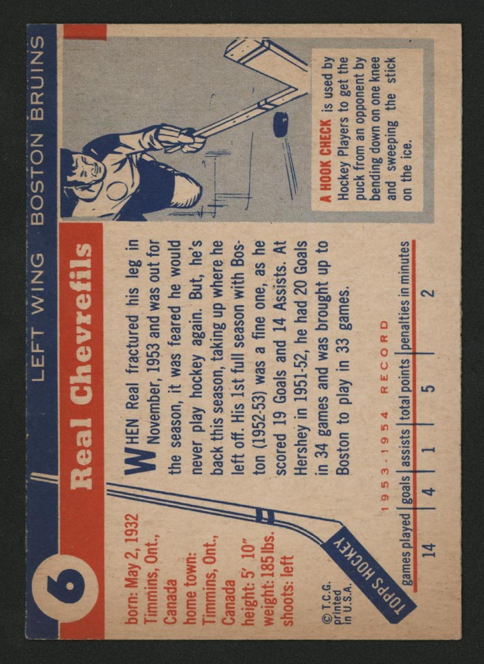 1954-1955 Topps #6 Real Chevrefils Boston Bruins - Back