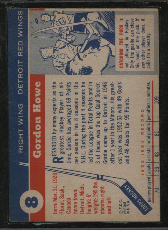 1954-1955 Topps #8 Gordie Howe Detroit Red Wings - Back