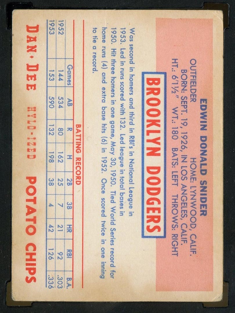 1954 Dan-Dee Potato Chips Duke Snider Brooklyn Dodgers - Back