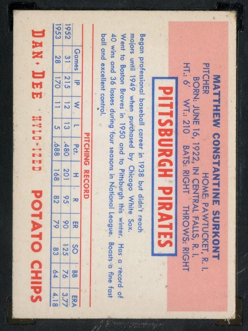 1954 Dan-Dee Potato Chips Max Surkont Pittsburgh Pirates - Back