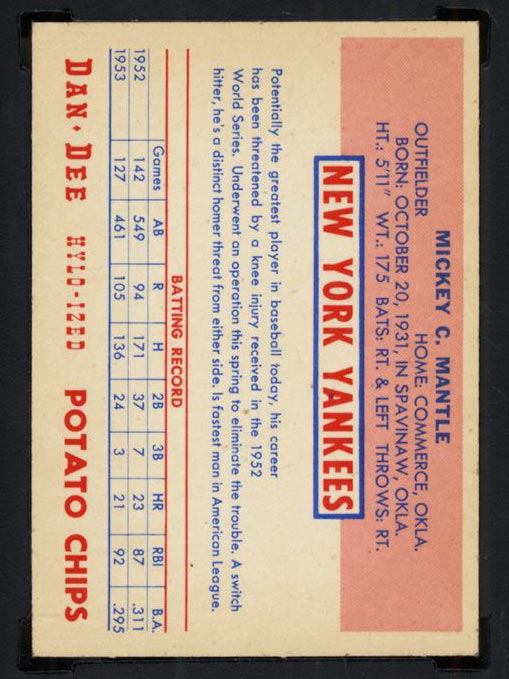 1954 Dan-Dee Potato Chips Mickey Mantle New York Yankees - Back