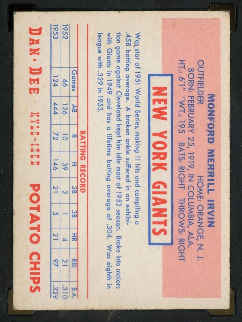 1954 Dan-Dee Potato Chips Monte Irvin New York Giants - Back