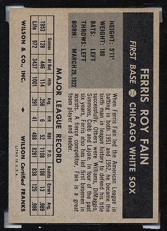 1954 Wilson Franks Ferris Fain Chicago White Sox - Back