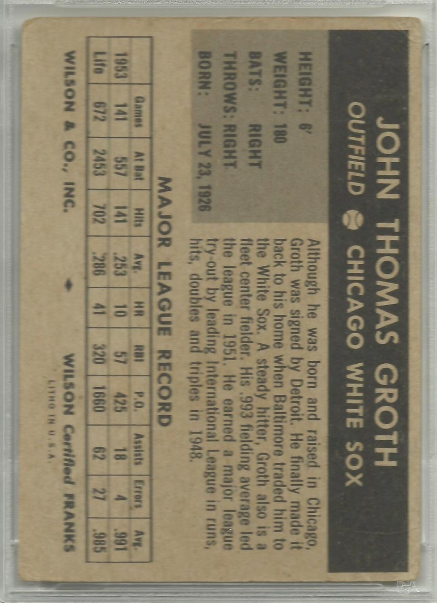 1954 Wilson Franks Johnny Groth Chicago White Sox - Back