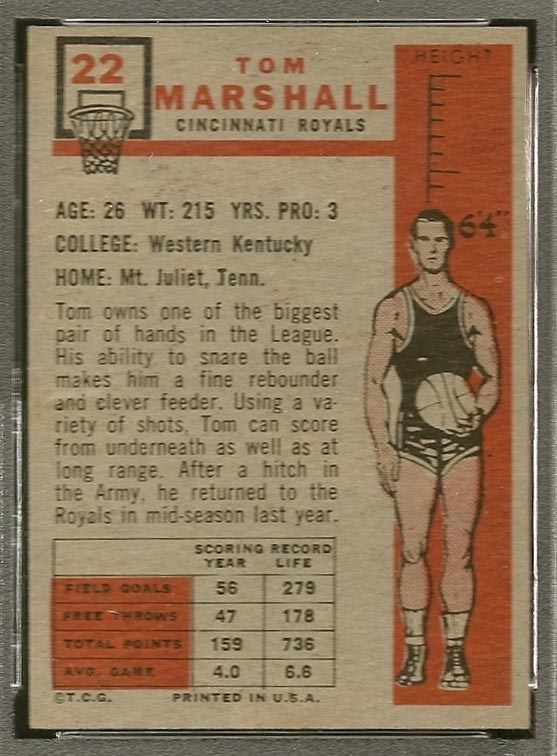 1957-1958 Topps #22 Tom Marshall Cincinnati Royals - Back