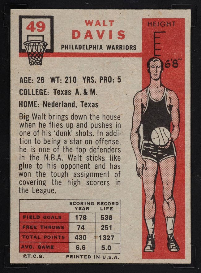 1957-1958 Topps #49 Walt Davis Philadelphia Warriors - Back