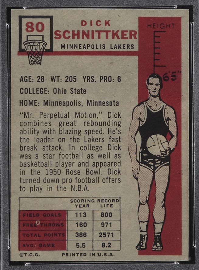 1957-1958 Topps #80 Dick Schnittker Minneapolis Lakers - Back