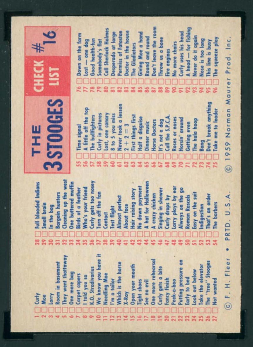 1959 Fleer Three Stooges #16 Tight shoes (checklist) - Back