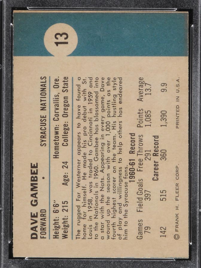 1961-1962 Fleer #13 Dave Gambee Syracuse Nationals - Back