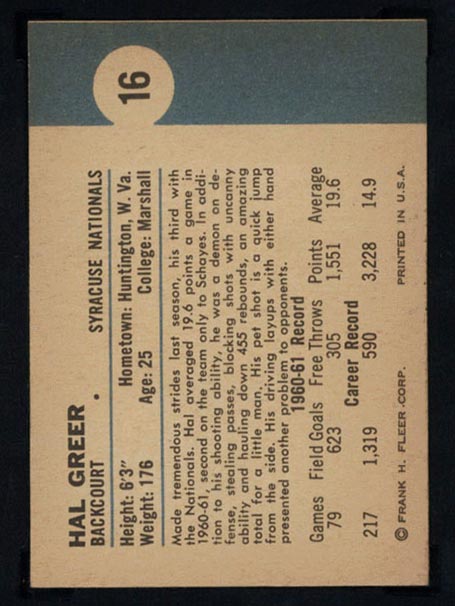 1961-1962 Fleer #16 Hal Greer Syracuse Nationals - Back
