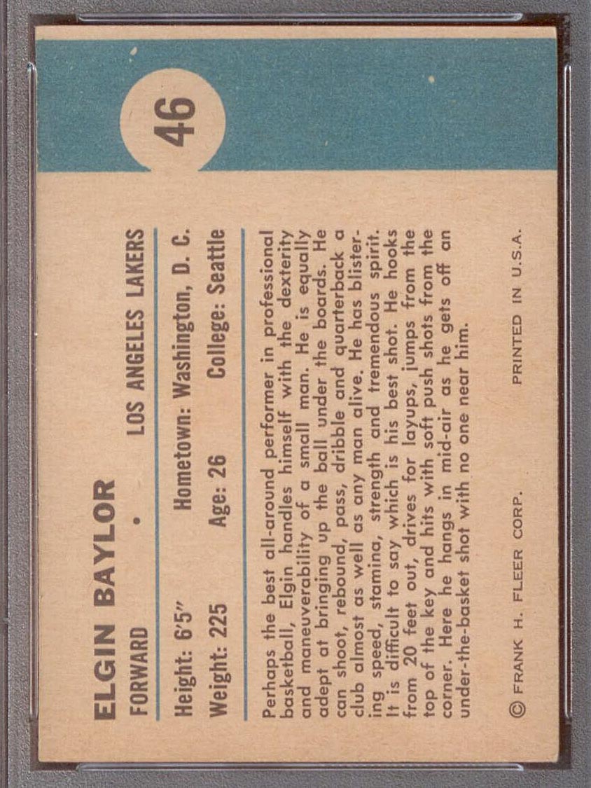 1961-1962 Fleer #46 Elgin Baylor (In Action) Los Angeles Lakers - Back