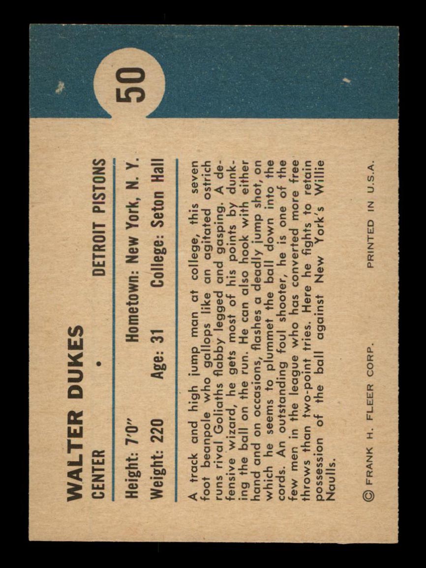 1961-1962 Fleer #50 Walter Dukes (In Action) Detroit Pistons - Back