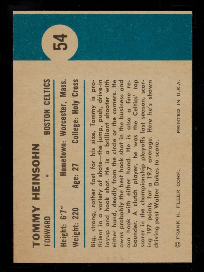 1961-1962 Fleer #54 Tommy Heinsohn (In Action) Boston Celtics - Back