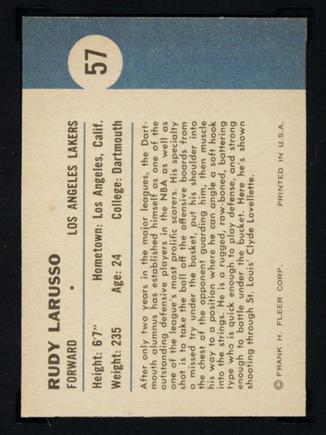 1961-1962 Fleer #57 Rudy LaRusso (In Action) Los Angeles Lakers - Back