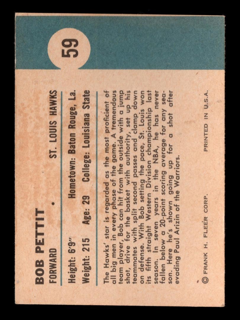 1961-1962 Fleer #59 Bob Pettit (In Action) St. Louis Hawks - Back