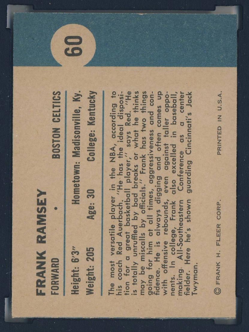 1961-1962 Fleer #60 Frank Ramsey (In Action) Boston Celtics - Back