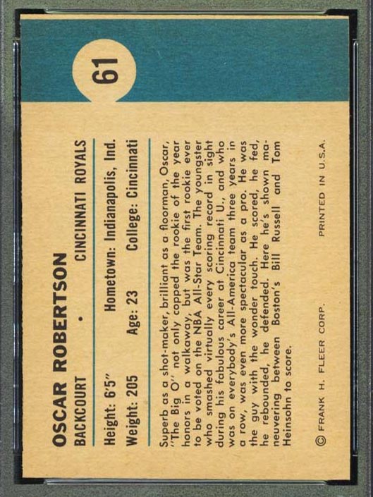 1961-1962 Fleer #61 Oscar Robertson (In Action) Cincinnati Royals - Back