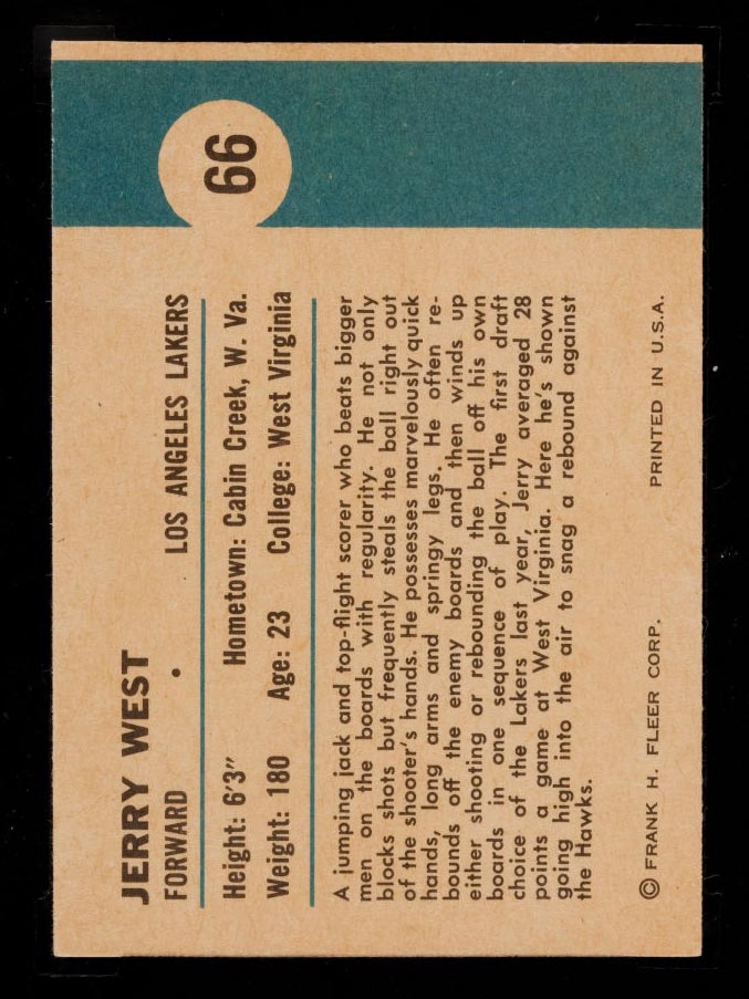 1961-1962 Fleer #66 Jerry West (In Action) Los Angeles Lakers - Back