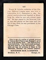 1914 E145 Cracker Jack #101 Frank Schulte Chicago (National) - Back