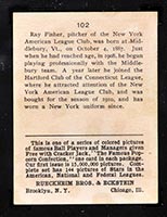 1914 E145 Cracker Jack #102 Ray Fisher New York (American) - Back