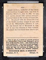 1914 E145 Cracker Jack #103 “Shoeless” Joe Jackson Cleveland (American) - Back