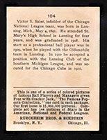 1914 E145 Cracker Jack #104 Vic Saier Chicago (National) - Back