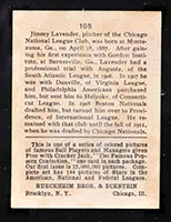 1914 E145 Cracker Jack #105 Jimmy Lavender Chicago (National) - Back