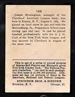 1914 E145 Cracker Jack #106 Joe Birmingham Cleveland (American) - Back